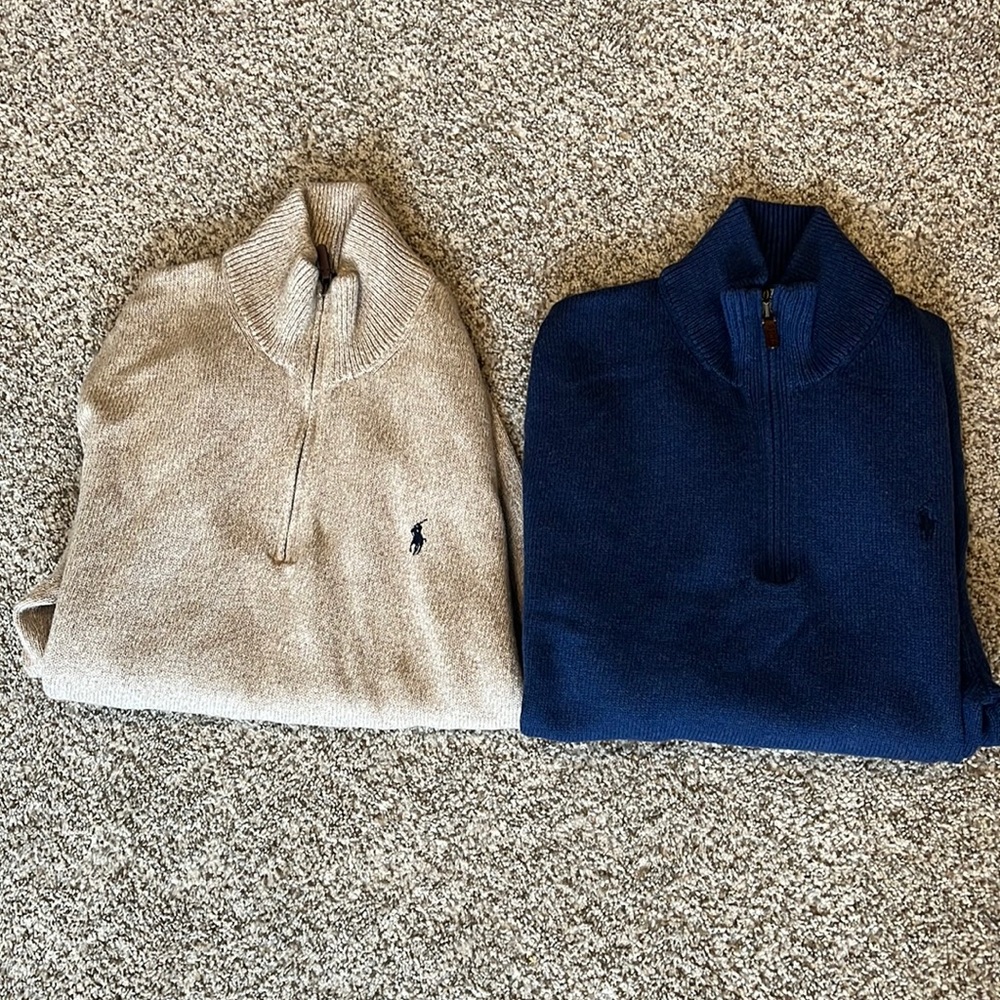 2 Men's Polo Ralph Lauren Cotton Quarter-Zip Sweaters - Size L